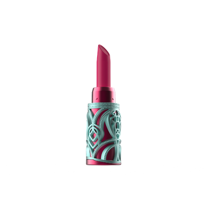 Pink lipstick-inspired clit sucker vibrator with decorative case on a white background