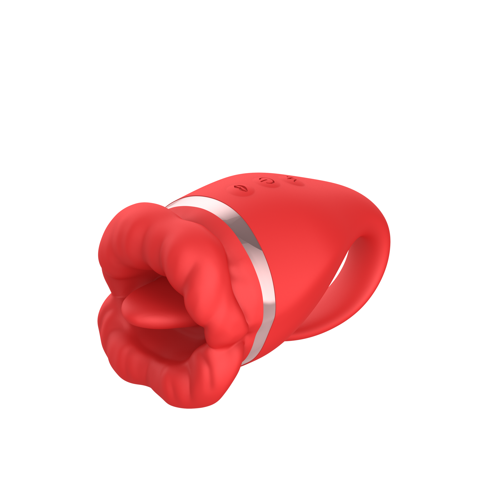 Red silicone clitoral vibrator shaped like lips with tongue with a white band on a white background