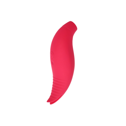 Pink curved clit-sucking vibrator on a transparent background