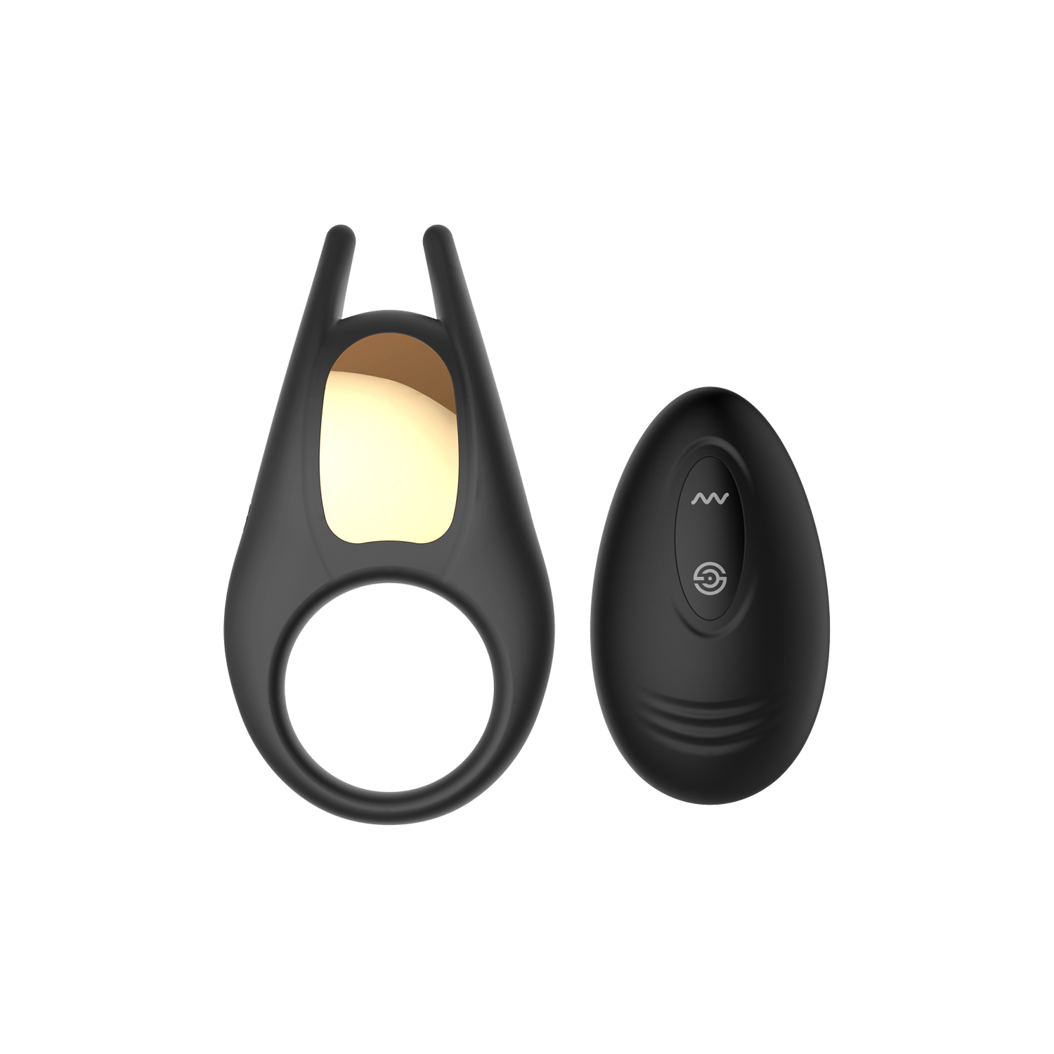 Black cock ring with a clit stimulator and a black remote control on a transparent background