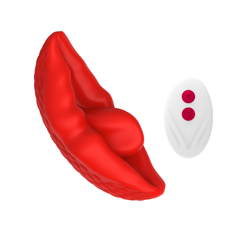 Red lip-shaped with a tongue vibrator with a white remote control on a white background