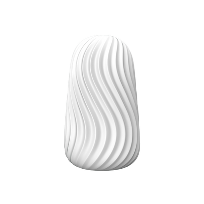 White egg-shaped male masturbator with curved ridges design on a transparent background